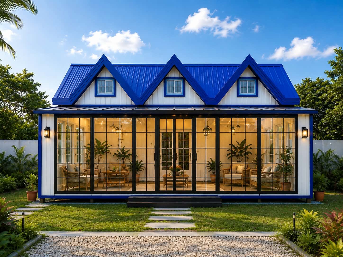 Modern Three-Gabled Cottage with Cobalt-Blue Metal Roof and Glass Sunroom